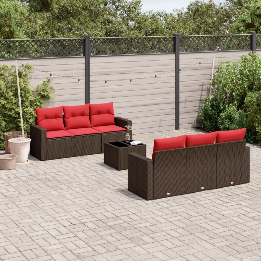 7 pcs conjunto de sofás jardim c/ almofadões vime PE castanho