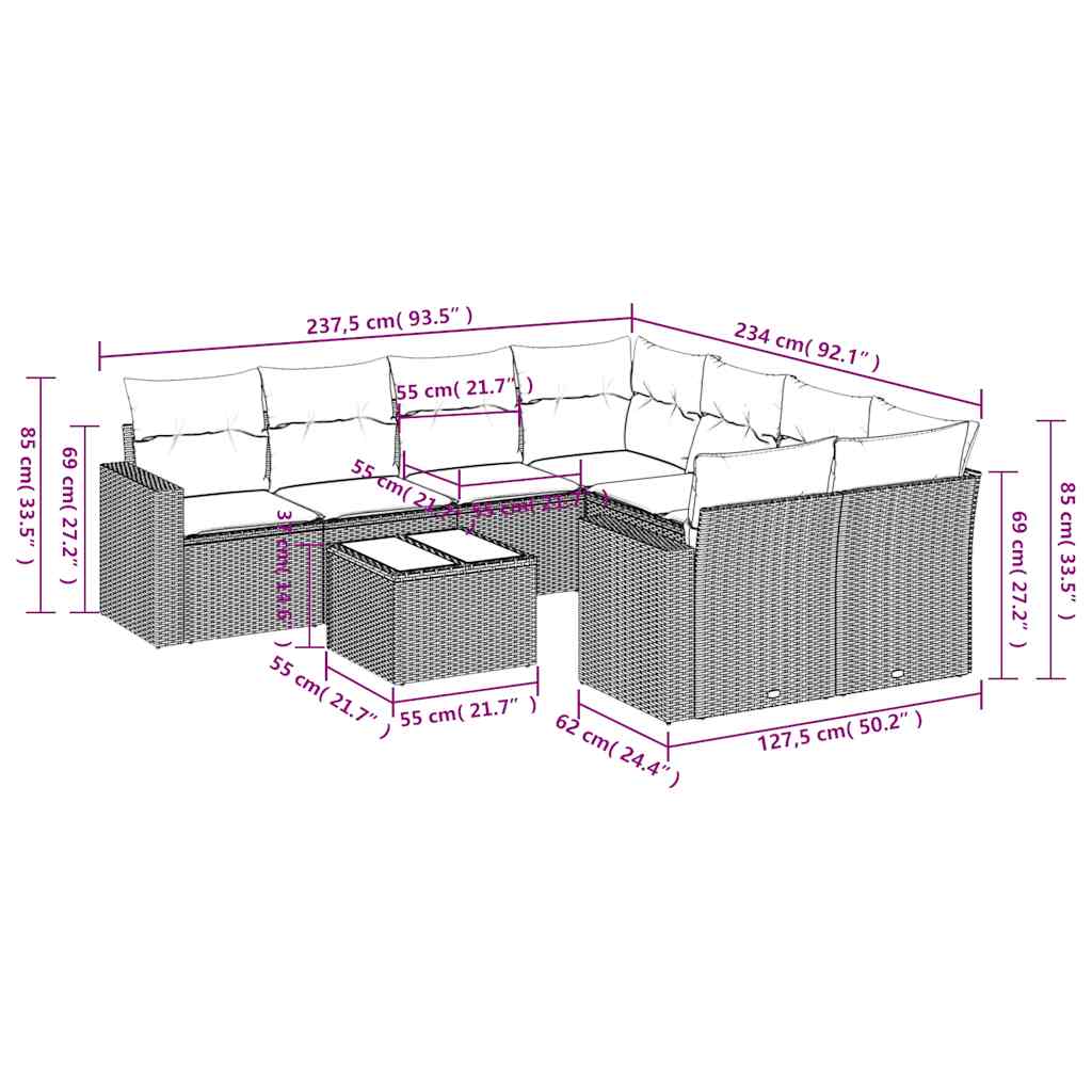 9 pcs conjunto sofás p/ jardim c/ almofadões vime PE castanho
