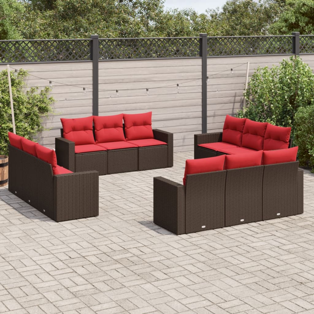12 pcs conjunto de sofás jardim com almofadões vime PE castanho