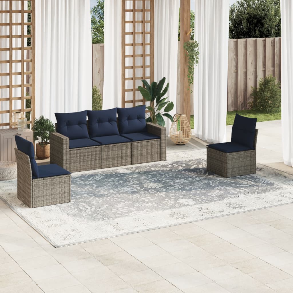 5 pcs conjunto sofás p/ jardim c/ almofadões vime PE cinzento