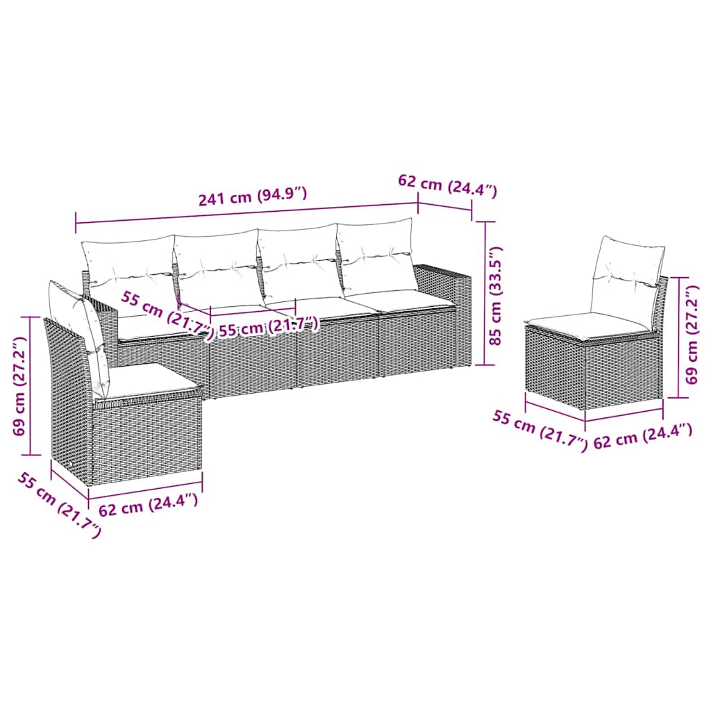 6 pcs conjunto de sofás jardim c/ almofadões vime PE castanho