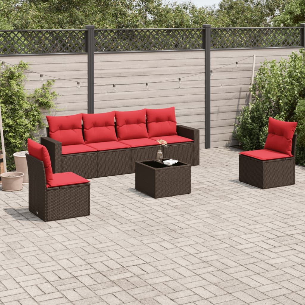 7 pcs conjunto de sofás jardim c/ almofadões vime PE castanho