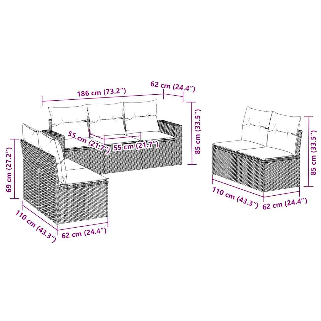 7 pcs conjunto de sofás jardim c/ almofadões vime PE castanho