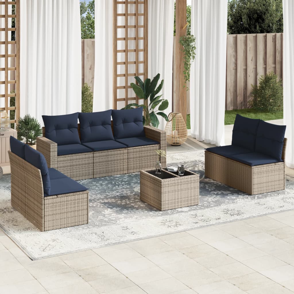 8 pcs conjunto sofás p/ jardim c/ almofadões vime PE cinzento
