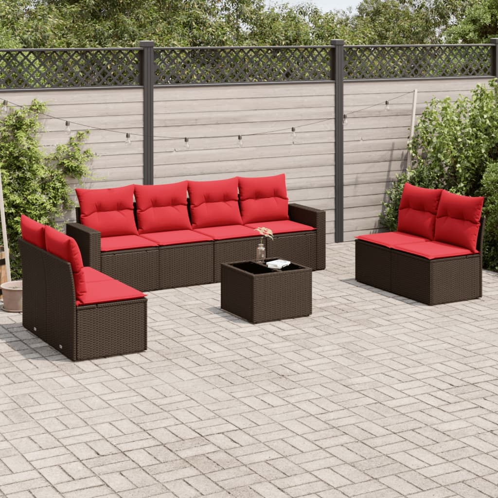9 pcs conjunto sofás p/ jardim c/ almofadões vime PE castanho