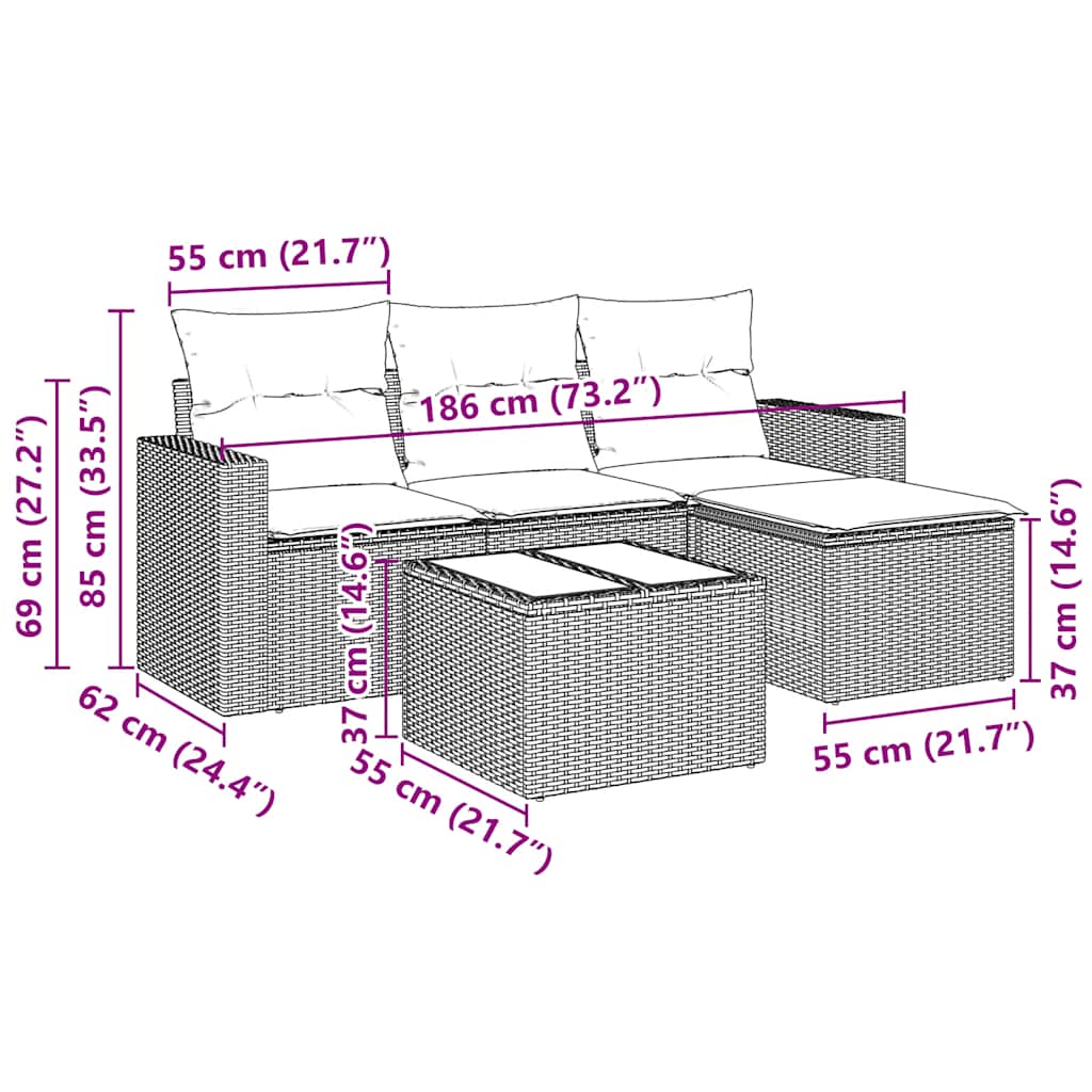 5 pcs conjunto sofás de jardim com almofadões vime PE preto