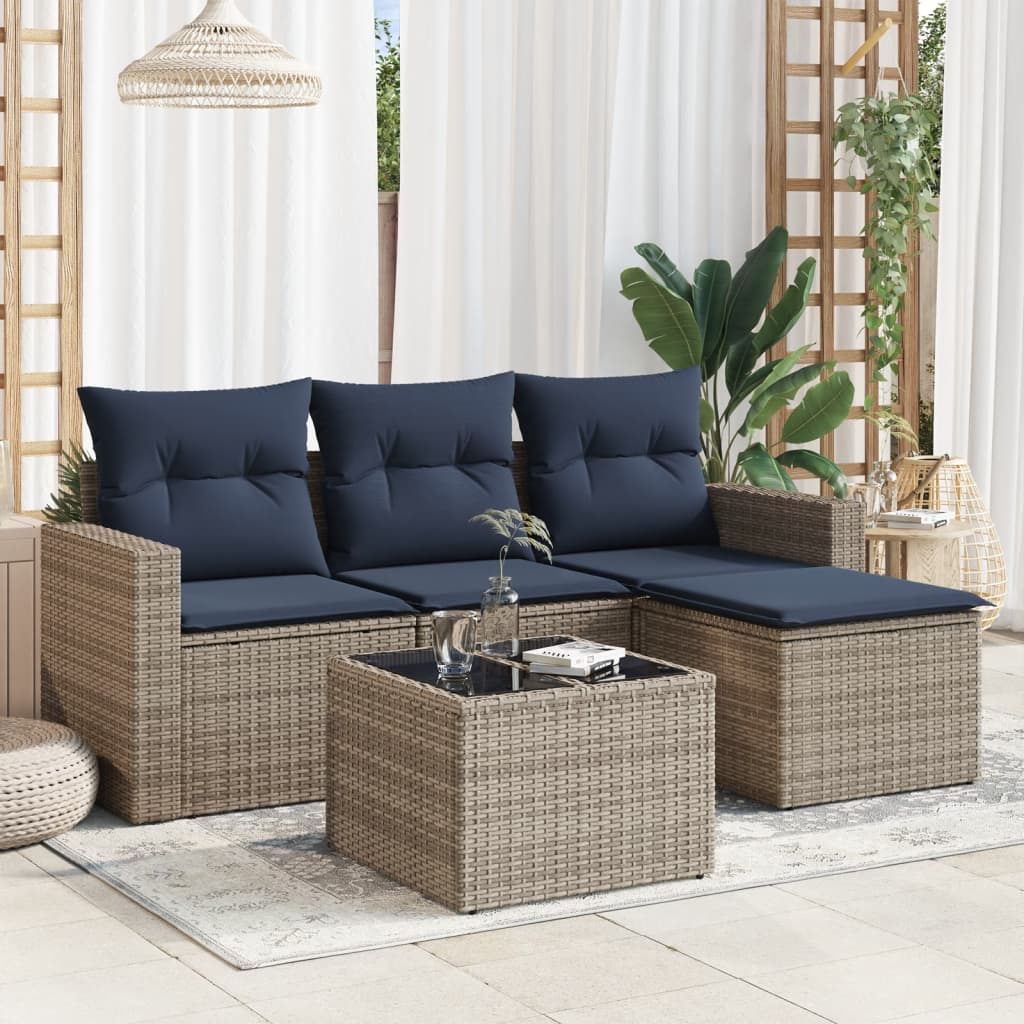 5 pcs conjunto sofás p/ jardim c/ almofadões vime PE cinzento