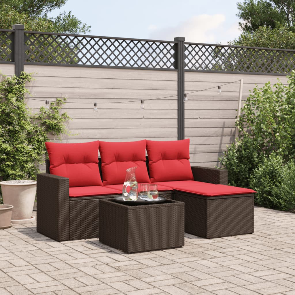 5 pcs conjunto sofás p/ jardim c/ almofadões vime PE castanho
