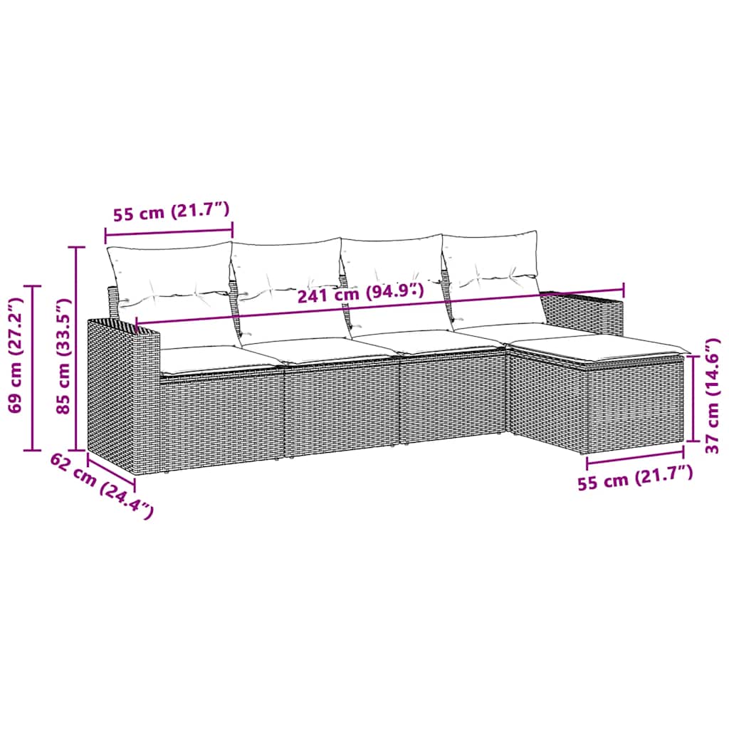 5 pcs conj. sofás jardim c/ almofadões vime PE cinzento-claro