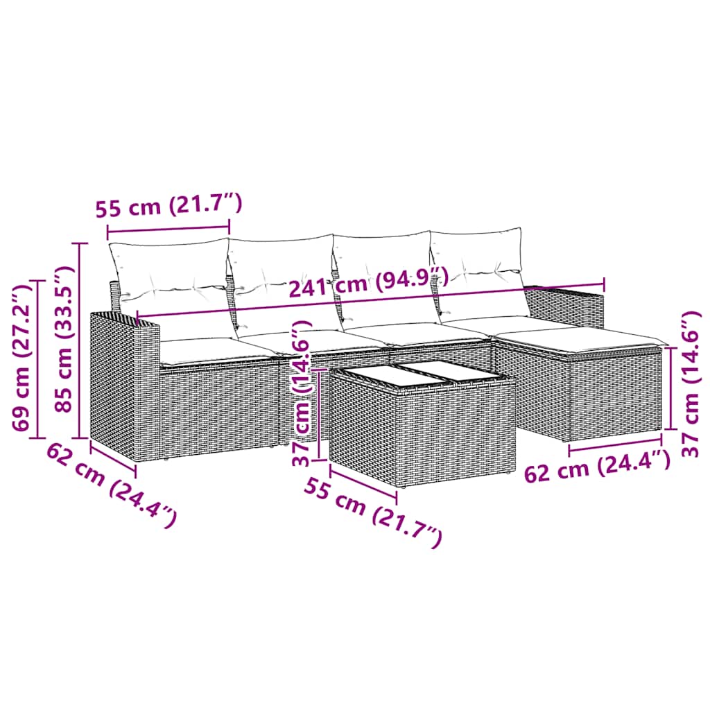 6 pcs conjunto sofás de jardim c/ almofadões vime PE preto