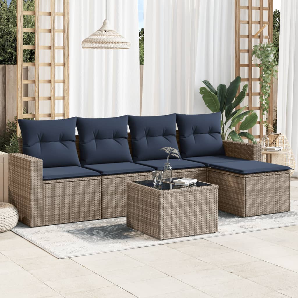 6 pcs conjunto sofás p/ jardim c/ almofadões vime PE cinzento
