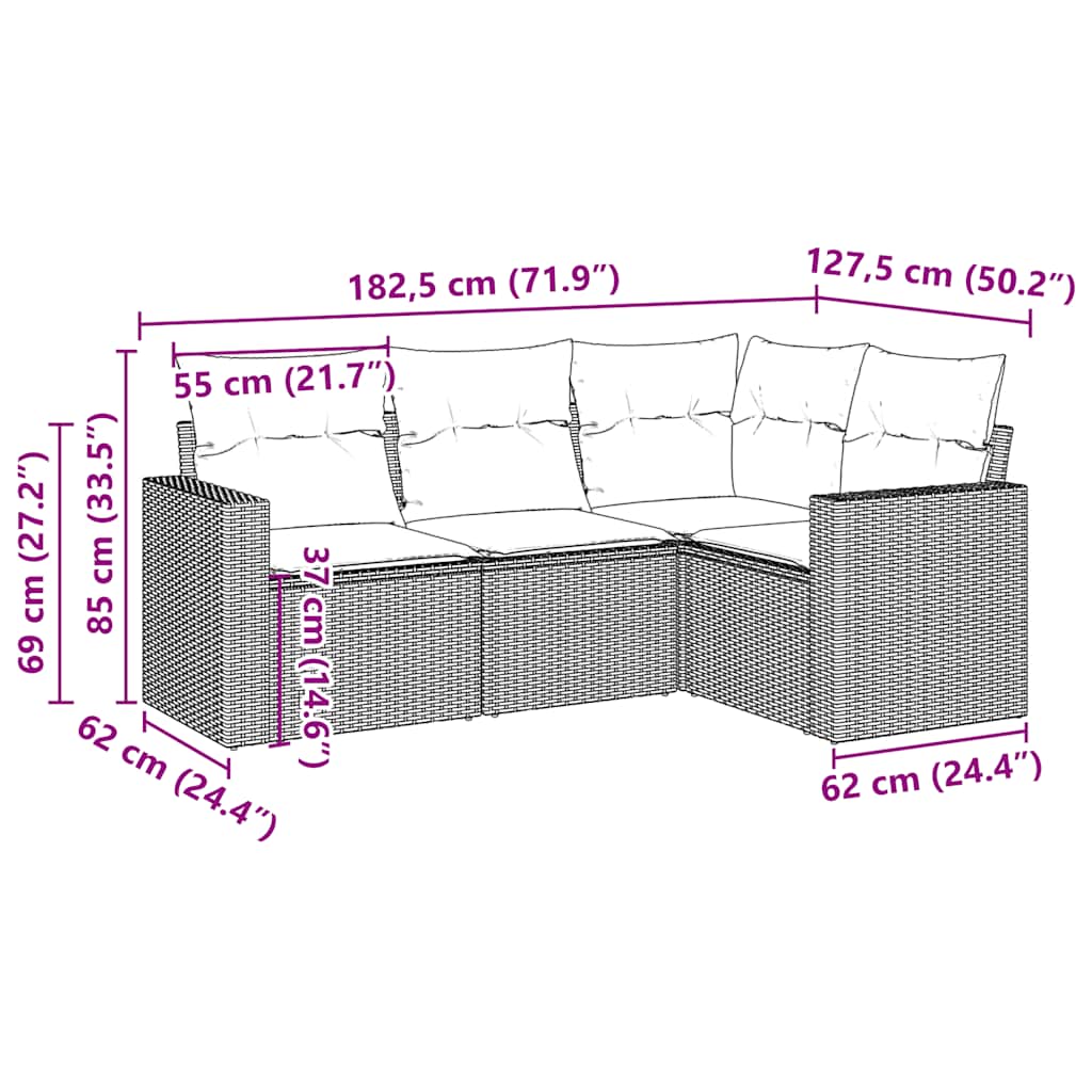4 pcs conjunto sofás de jardim c/ almofadões vime PE castanho