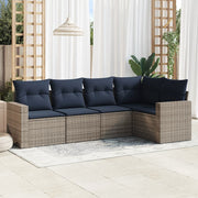 5 pcs conjunto sofás p/ jardim c/ almofadões vime PE cinzento