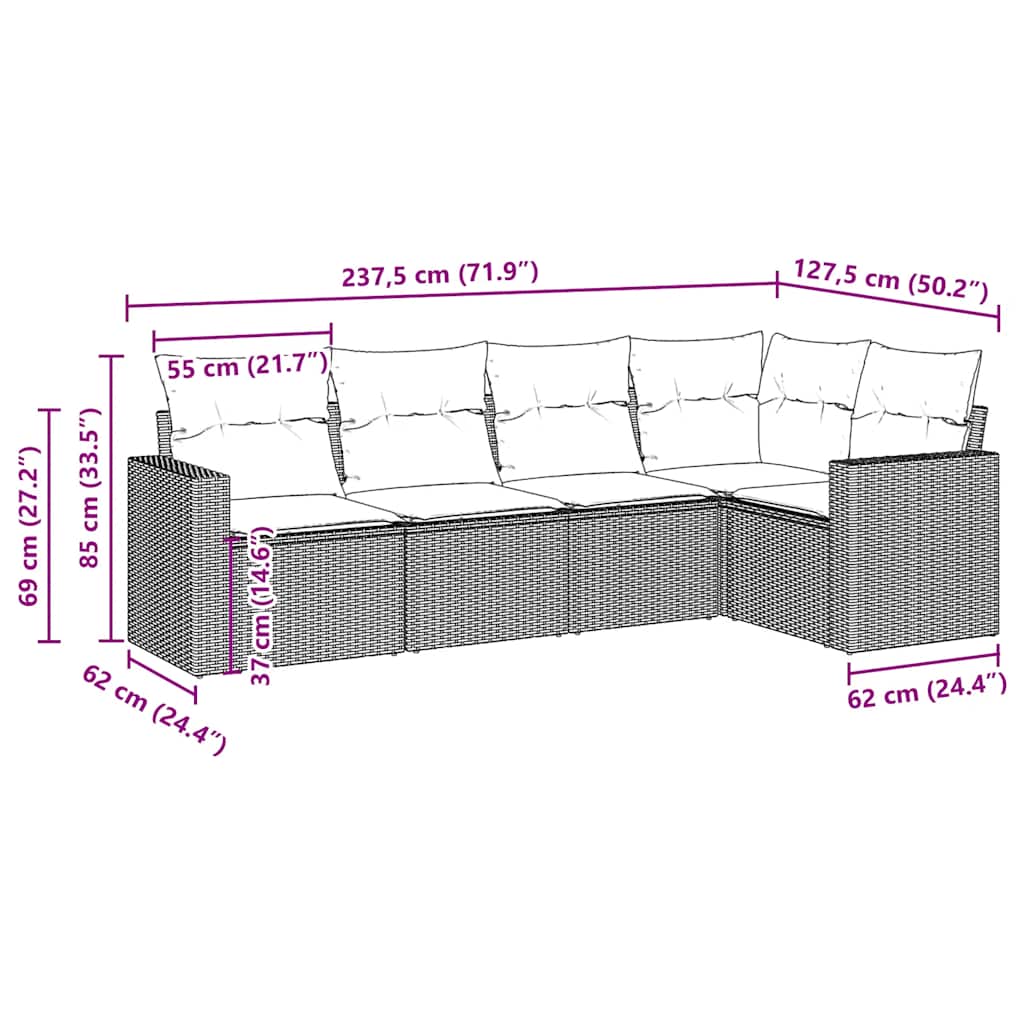5 pcs conjunto sofás p/ jardim c/ almofadões vime PE castanho