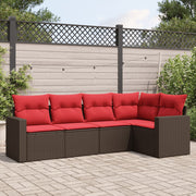 5 pcs conjunto sofás p/ jardim c/ almofadões vime PE castanho