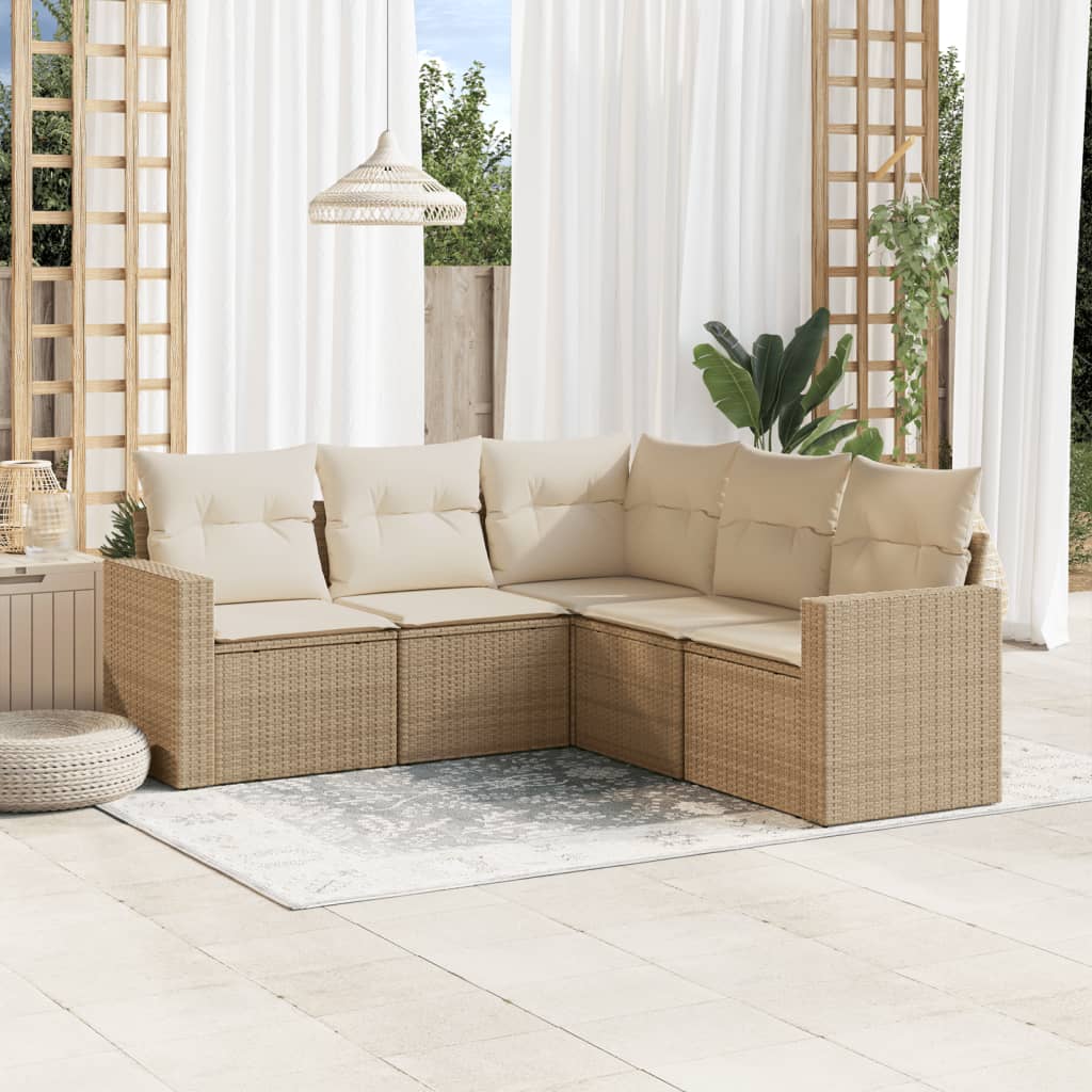 5 pcs conjunto de sofás p/ jardim com almofadões vime PE bege