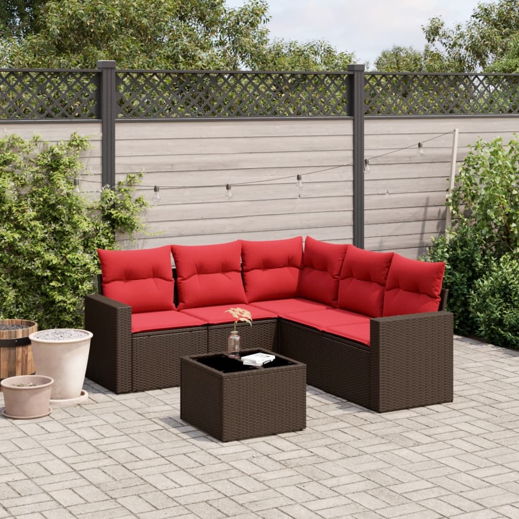 6 pcs conjunto de sofás jardim c/ almofadões vime PE castanho