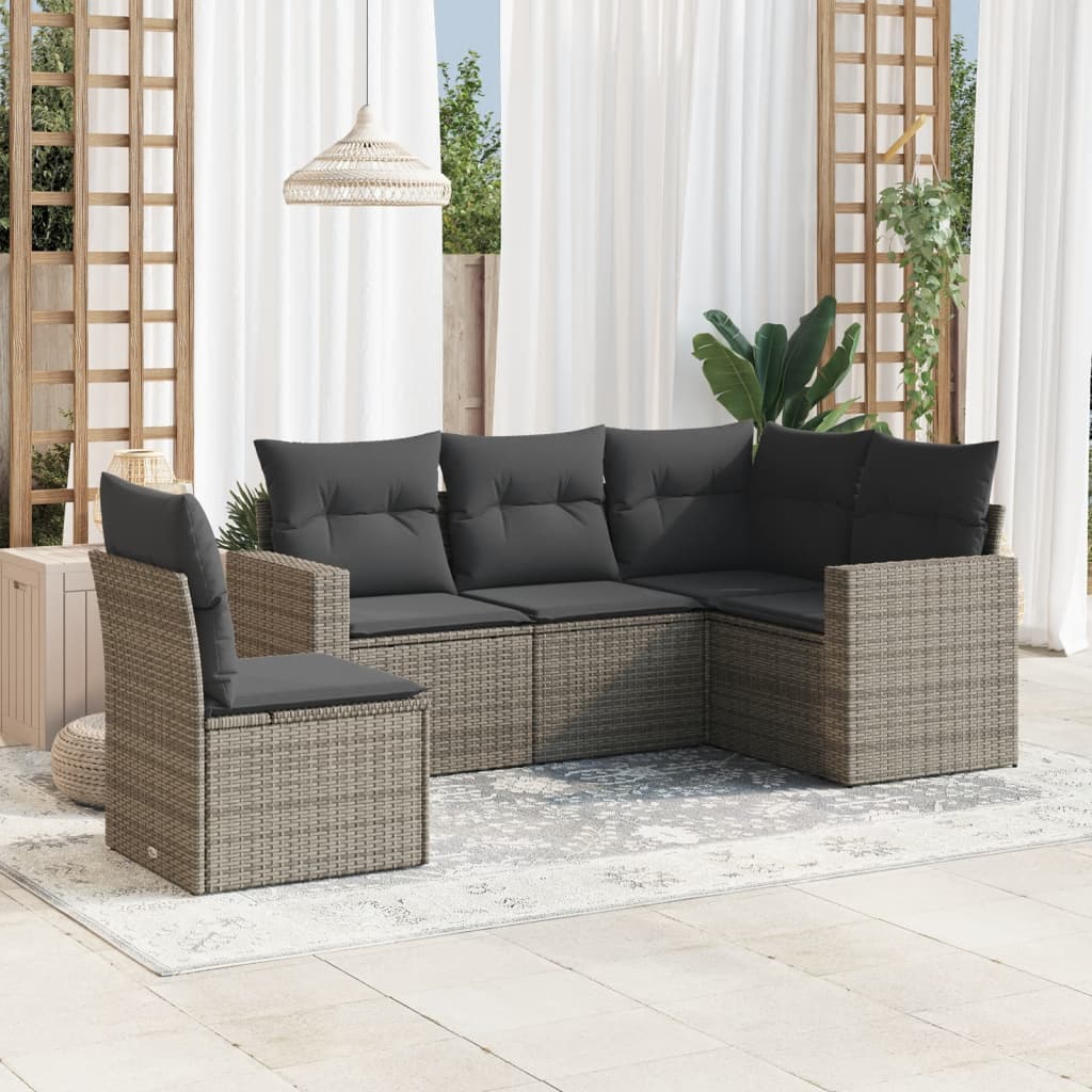 5 pcs conjunto sofás de jardim c/ almofadões vime PE cinzento
