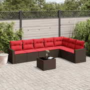 8 pcs conjunto sofás de jardim c/ almofadões vime PE castanho