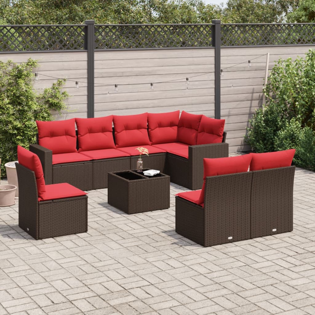 9 pcs conjunto sofás p/ jardim c/ almofadões vime PE castanho