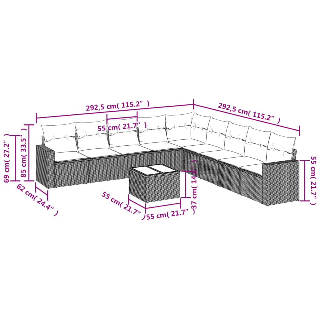 10 pcs conjunto sofás p/ jardim c/ almofadões vime PE cinzento