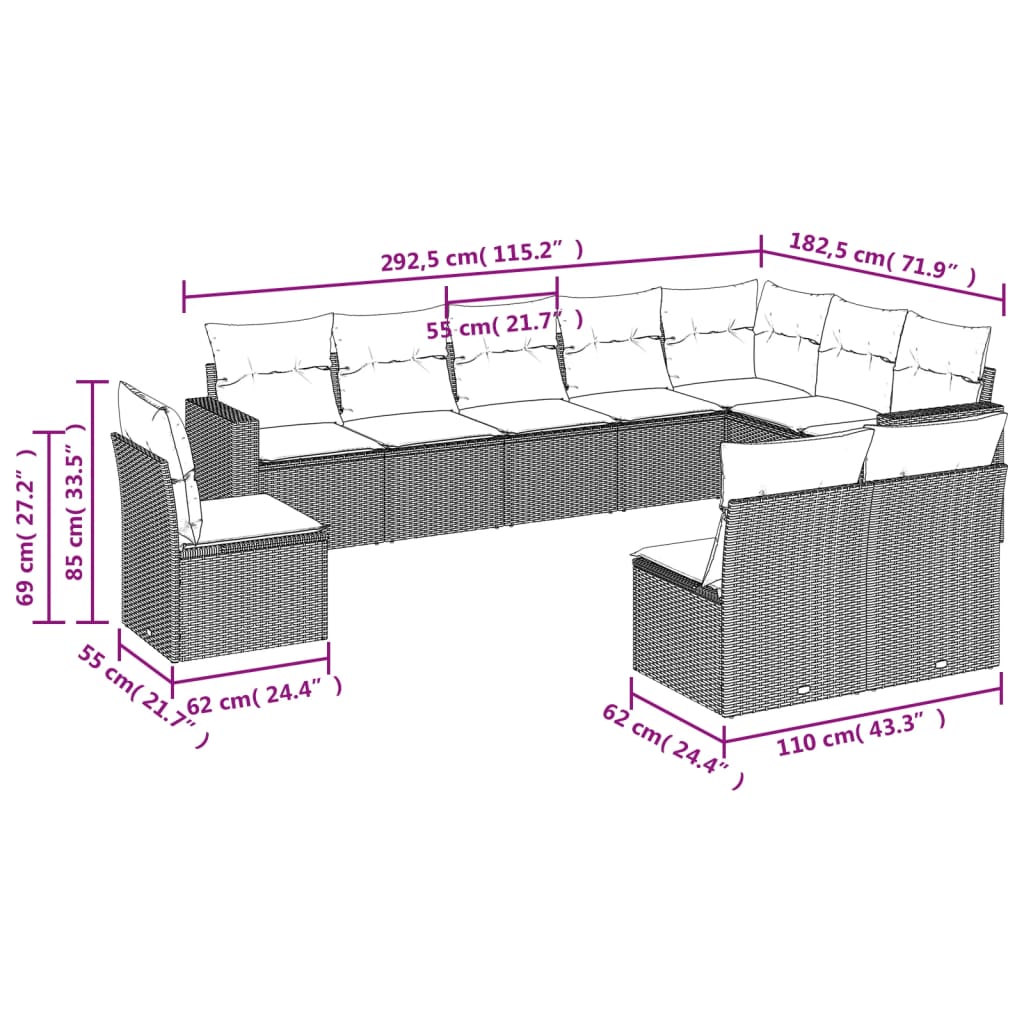 10 pcs conjunto sofás de jardim c/ almofadões vime PE preto