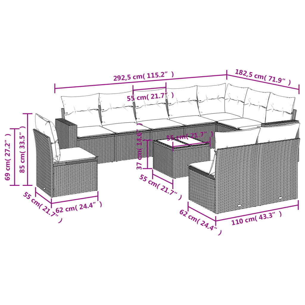 11 pcs conjunto sofás de jardim c/ almofadões vime PE cinzento