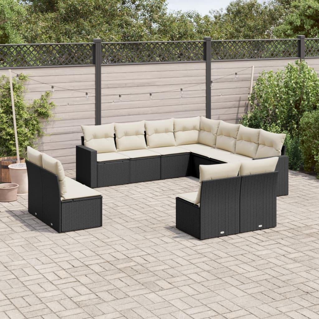 11 pcs conjunto sofás de jardim c/ almofadões vime PE preto