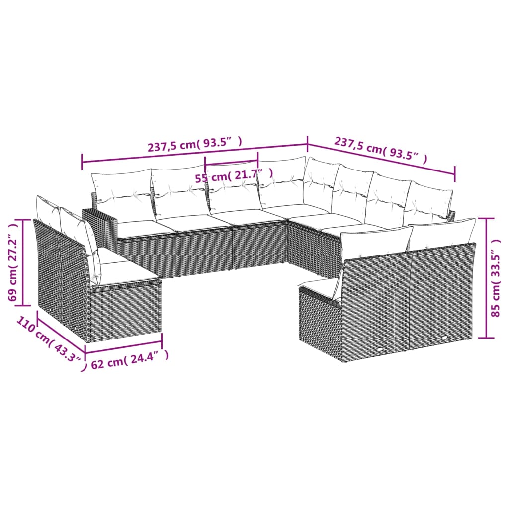 11 pcs conjunto sofás de jardim c/ almofadões vime PE bege