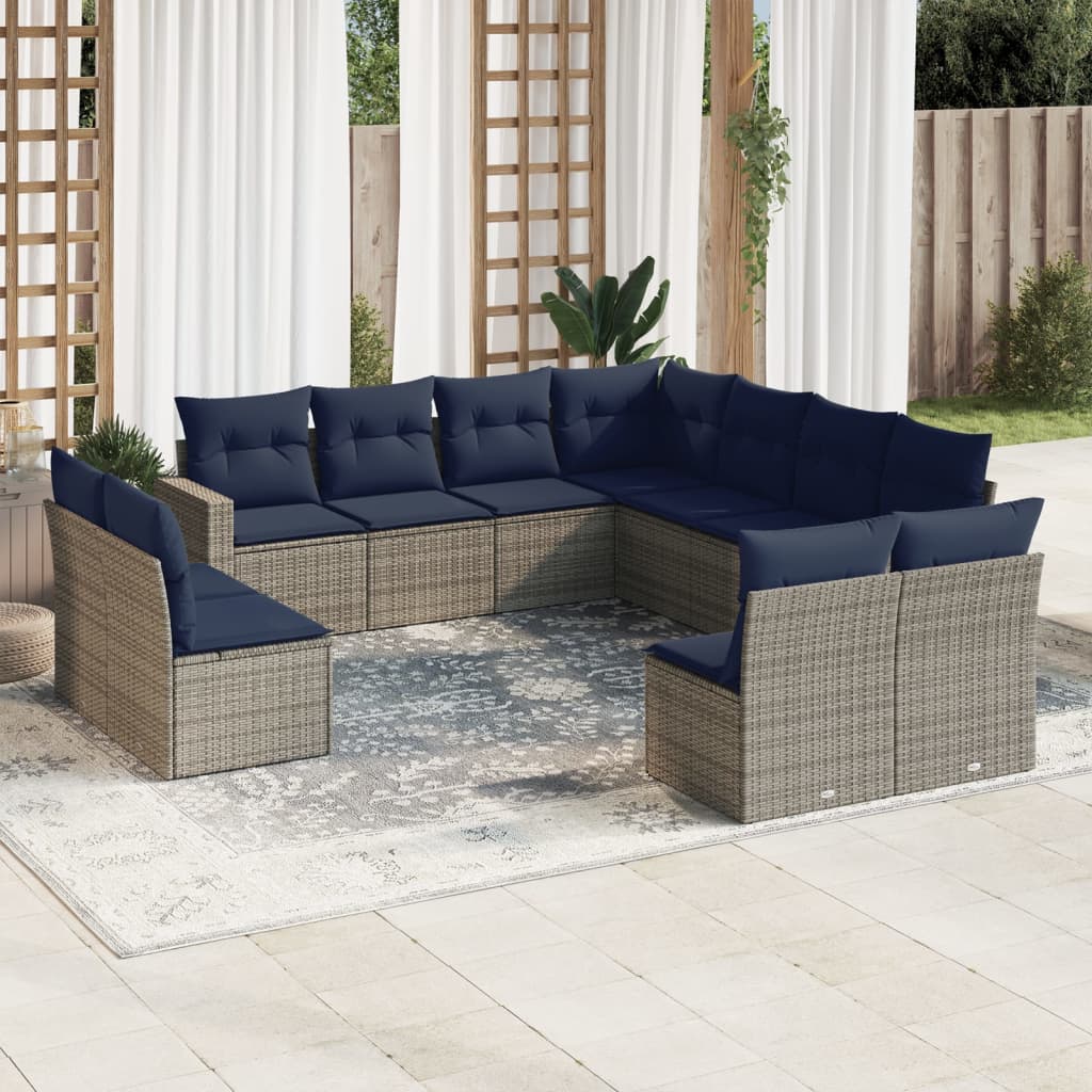 11 pcs conjunto sofás de jardim c/ almofadões vime PE cinzento