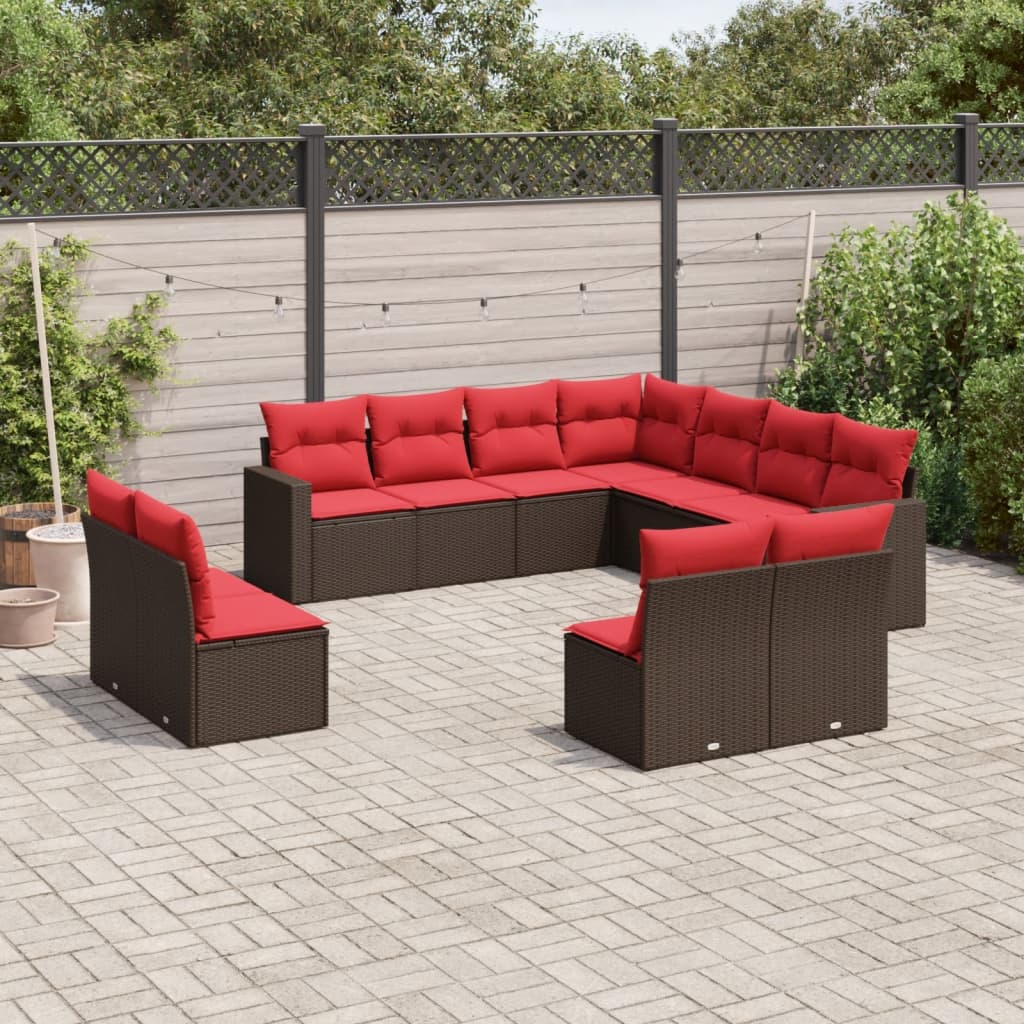 11 pcs conjunto sofás de jardim c/ almofadões vime PE castanho