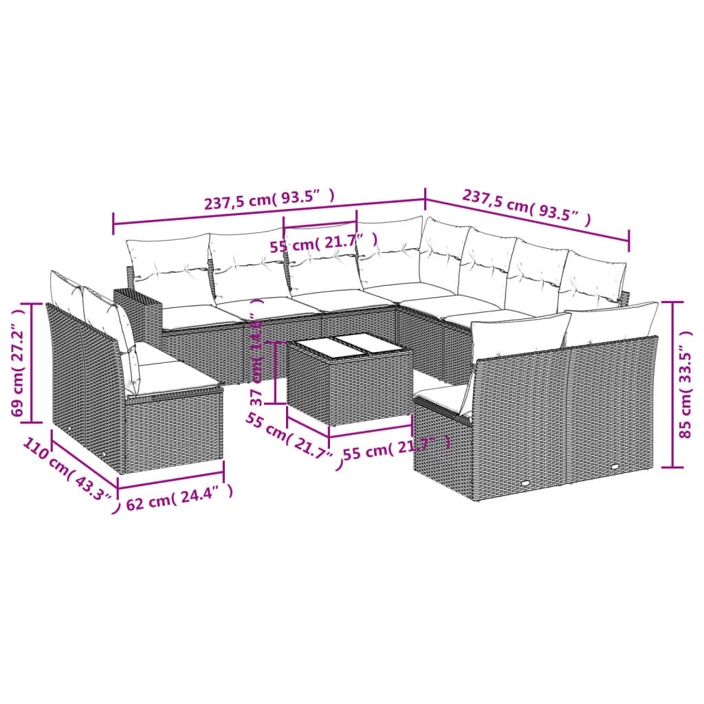 12 pcs conjunto de sofás jardim c/ almofadões vime PE cinzento