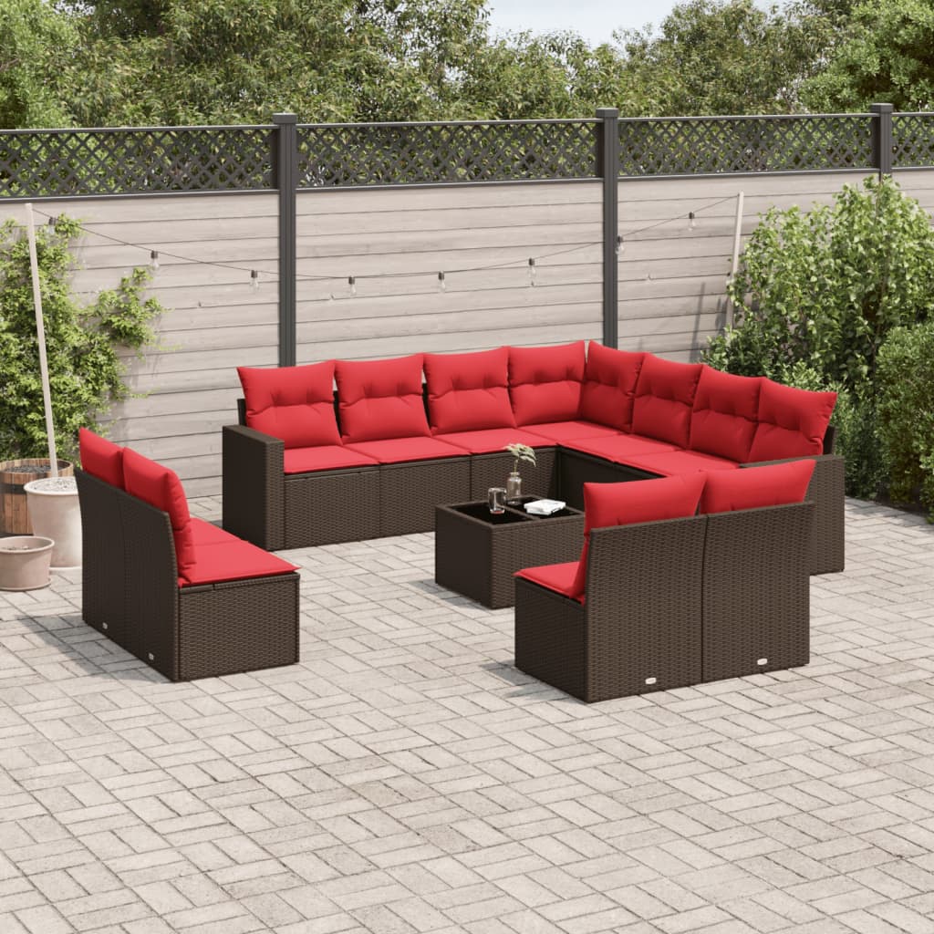 12 pcs conjunto de sofás jardim com almofadões vime PE castanho
