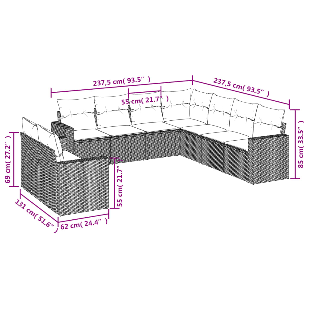 9 pcs conjunto de sofás p/ jardim com almofadões vime PE bege