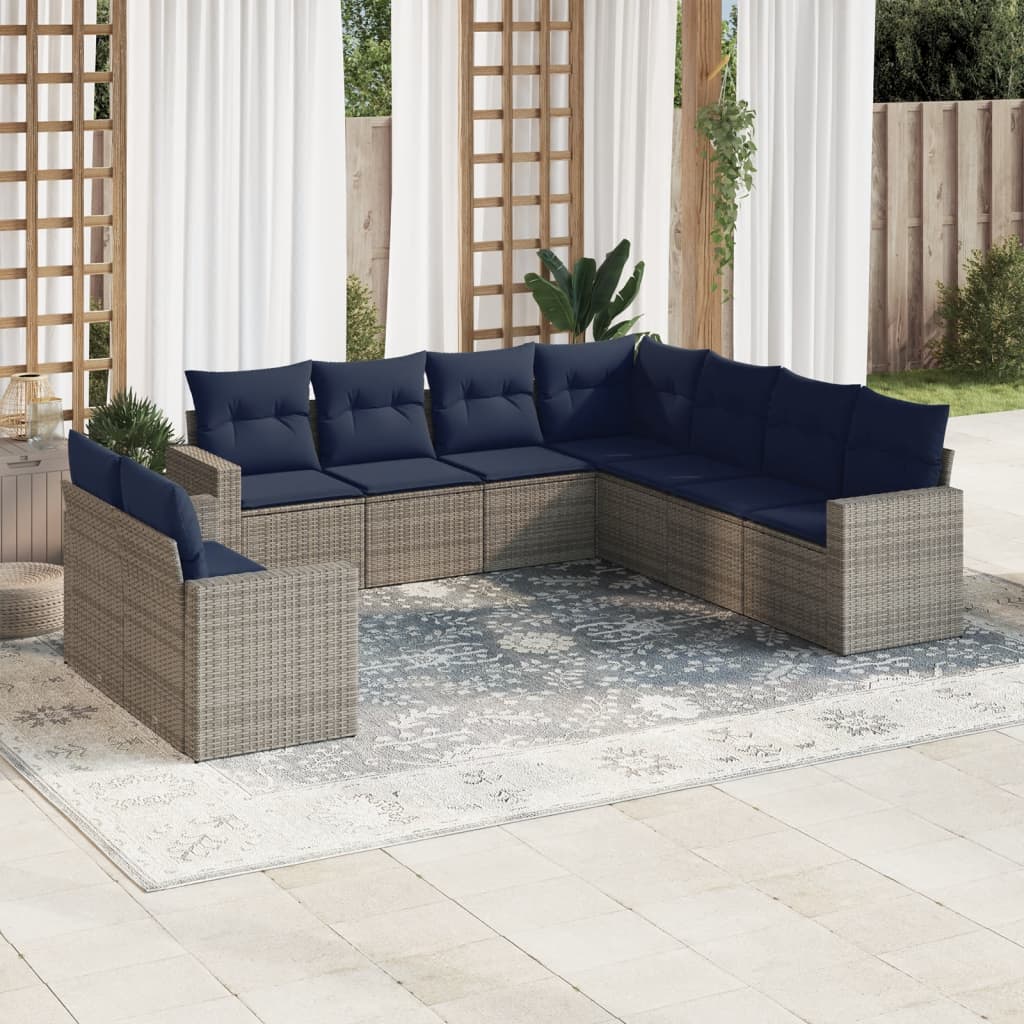 9 pcs conjunto sofás p/ jardim c/ almofadões vime PE cinzento