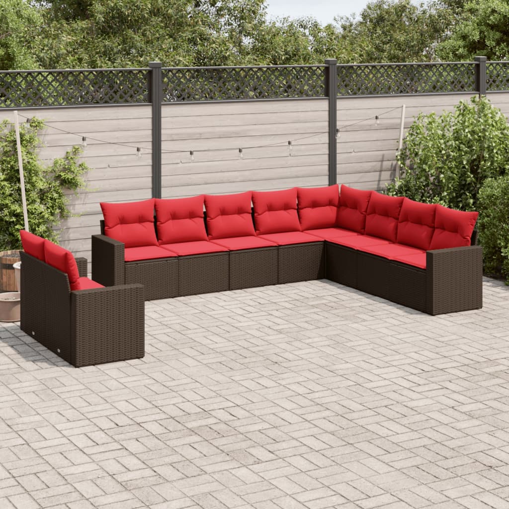 10 pcs conj. sofás jardim com almofadões vime PE castanho
