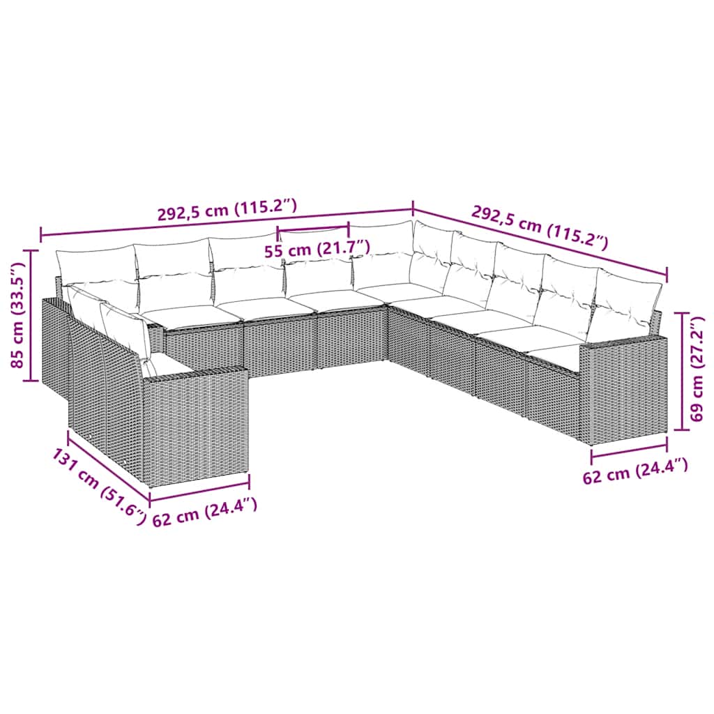 11 pcs conjunto sofás de jardim c/ almofadões vime PE preto
