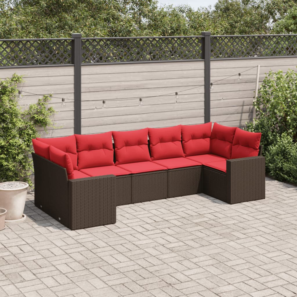 7 pcs conjunto de sofás jardim c/ almofadões vime PE castanho