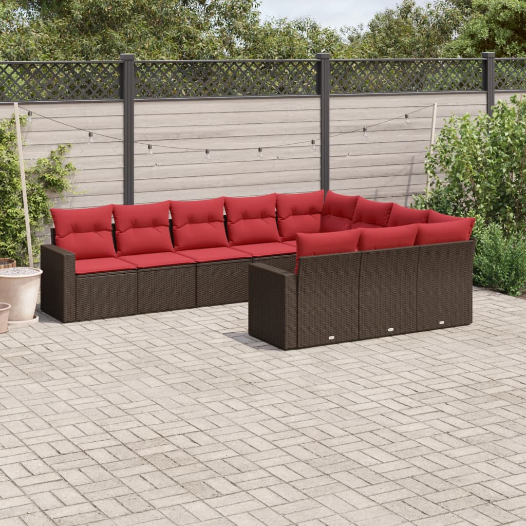 10 pcs conj. sofás jardim com almofadões vime PE castanho