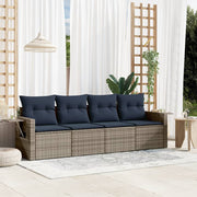 4 pcs conjunto sofás p/ jardim c/ almofadões vime PE cinzento