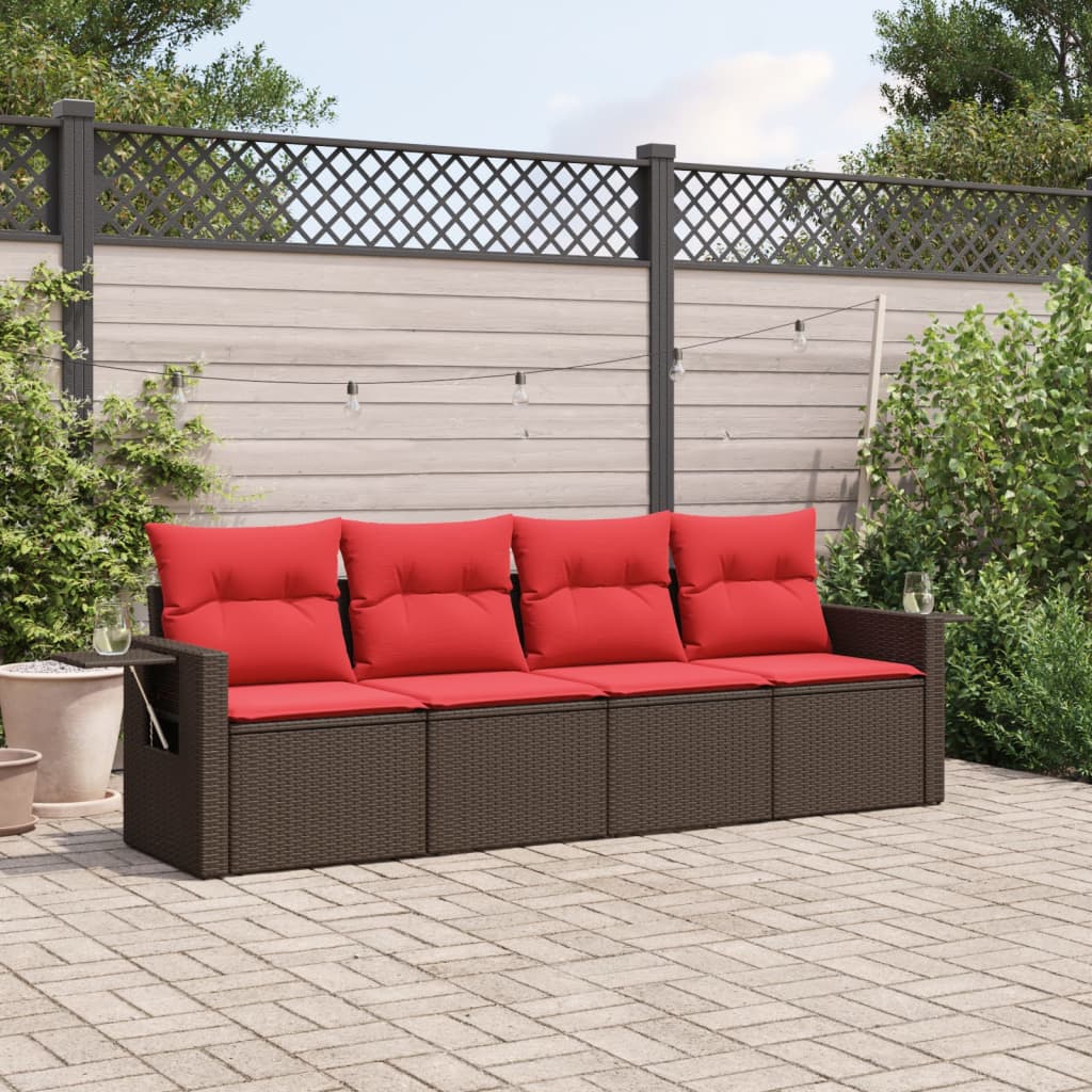 4 pcs conjunto sofás de jardim c/ almofadões vime PE castanho