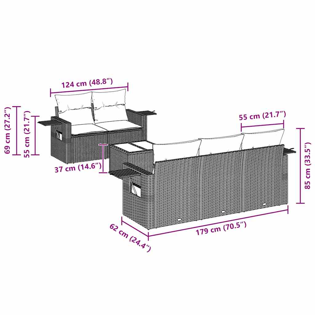 6 pcs conjunto sofás de jardim c/ almofadões vime PE preto