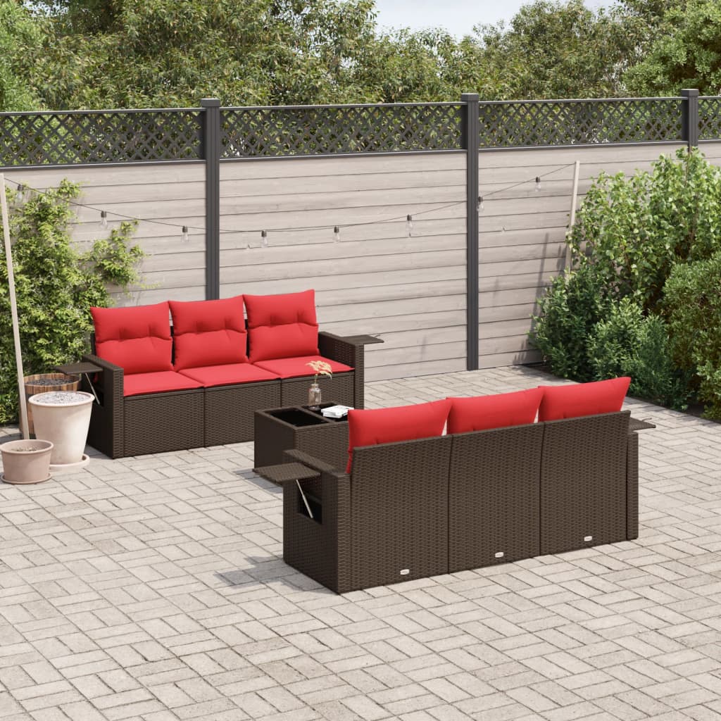 7 pcs conjunto de sofás jardim c/ almofadões vime PE castanho