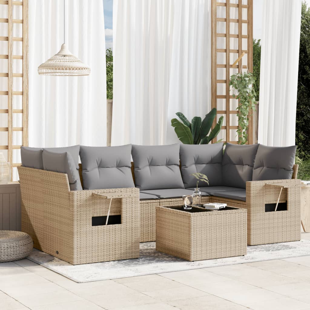 7 pcs conjunto de sofás p/ jardim com almofadões vime PE bege