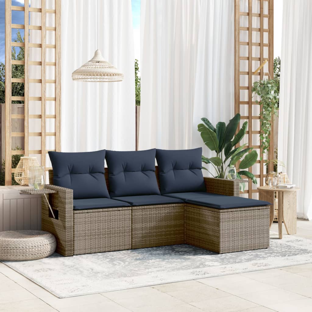 4 pcs conjunto sofás p/ jardim c/ almofadões vime PE cinzento