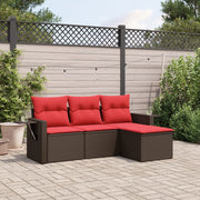 4 pcs conjunto sofás de jardim c/ almofadões vime PE castanho