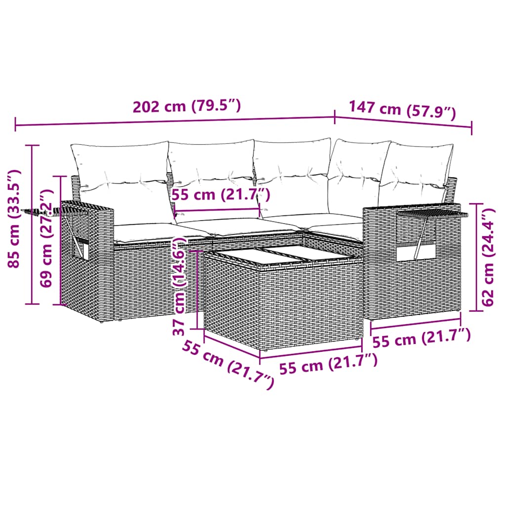 5 pcs conj. sofás jardim c/ almofadões vime PE cinzento-claro