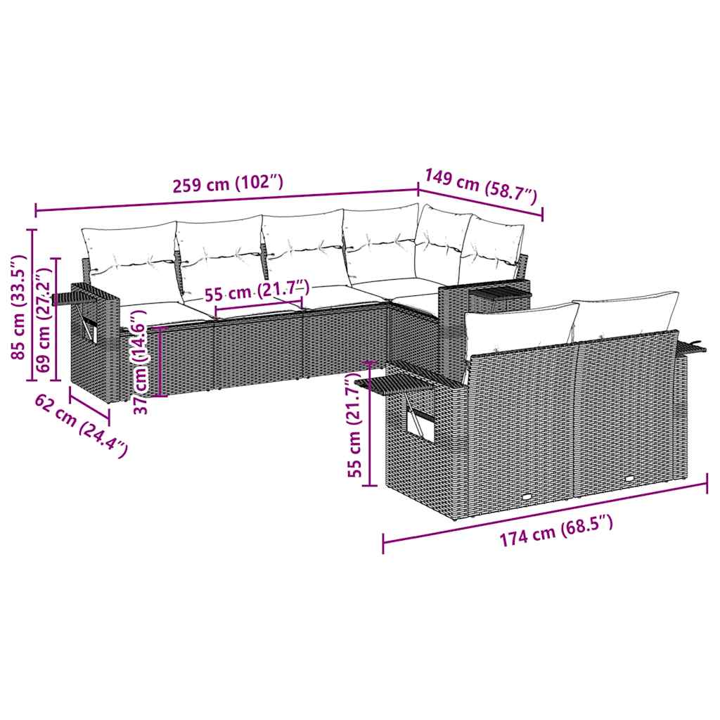 7 pcs conj. sofás jardim com almofadões vime PE cinzento-claro
