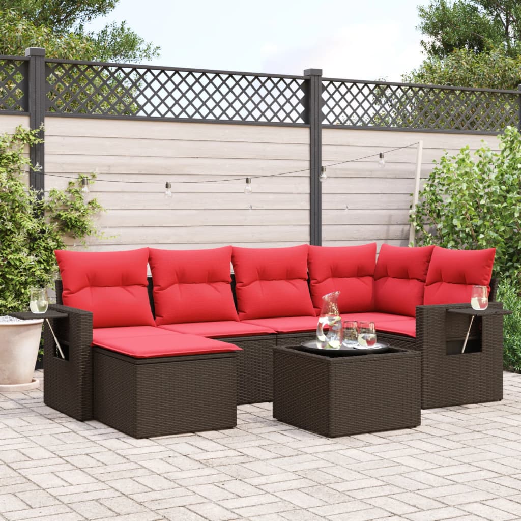 7 pcs conjunto de sofás jardim c/ almofadões vime PE castanho