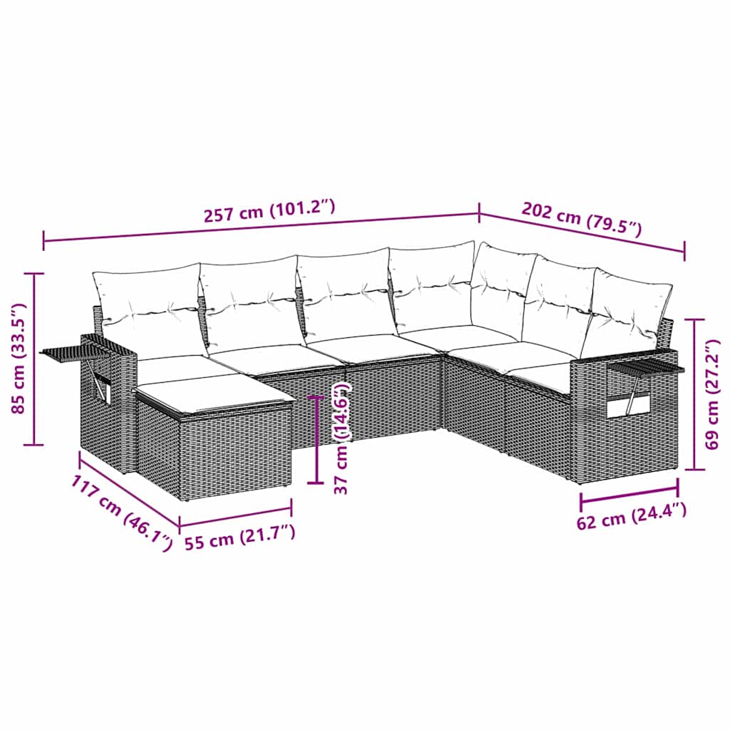 7 pcs conjunto de sofás p/ jardim c/ almofadões vime PE preto